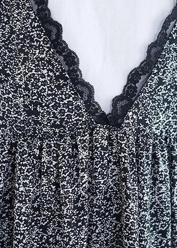 100% black floral v neck chiffon quilting dresses lace ruffles Maxi summer Dress