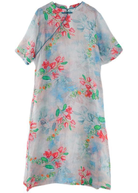 Casual Blue Print Oriental Dresses Summer Ramie