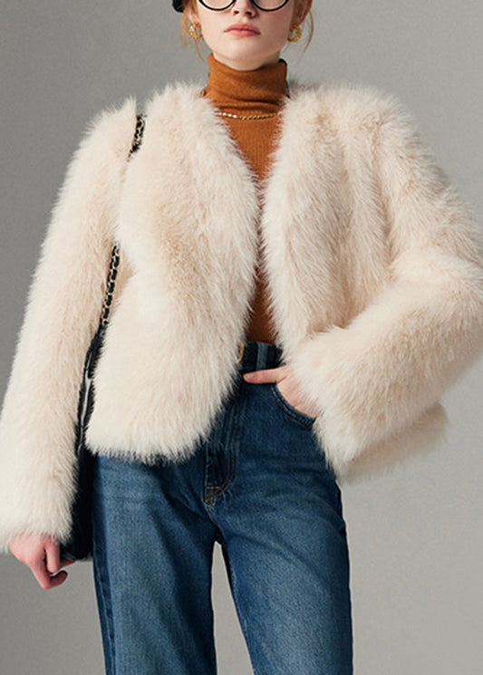 White Solid Cozy Leather And Fur Coats Long Sleeve