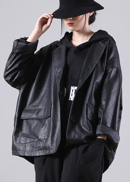 Unique Black Notched Pockets Button Fall Long PU Sleeve Coat