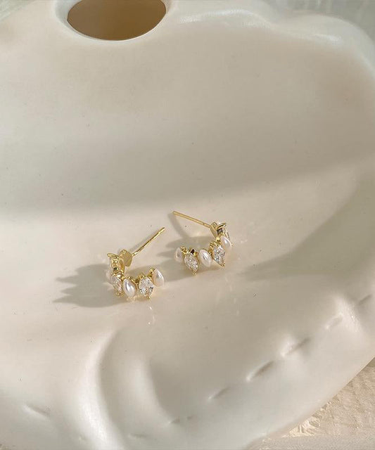 Stylish Gold Copper Zircon Pearl C-Shaped Hoop Earrings