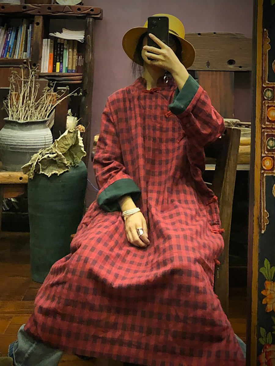 Women Stand Collar Button Cotton Robe Dress