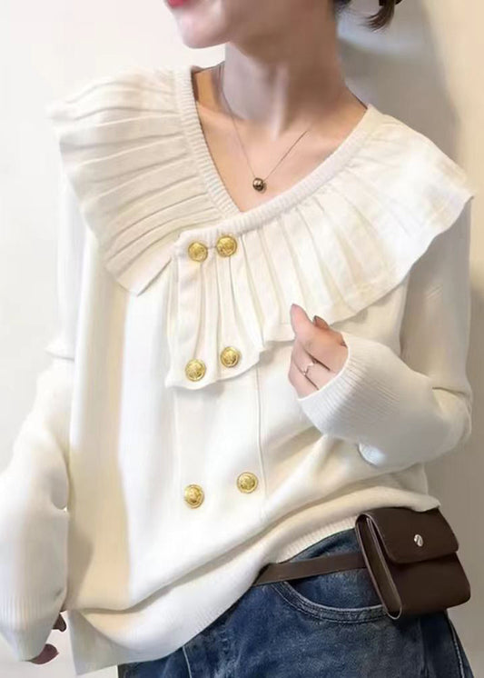 Cute White V Neck Cotton Knit Sweater Spring
