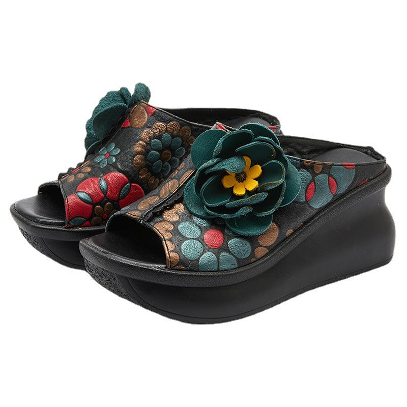 Women 2022 Leather Vintage Wedge Slippers