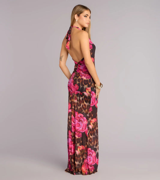 Wild Bloom Cowl Halter Maxi Dress
