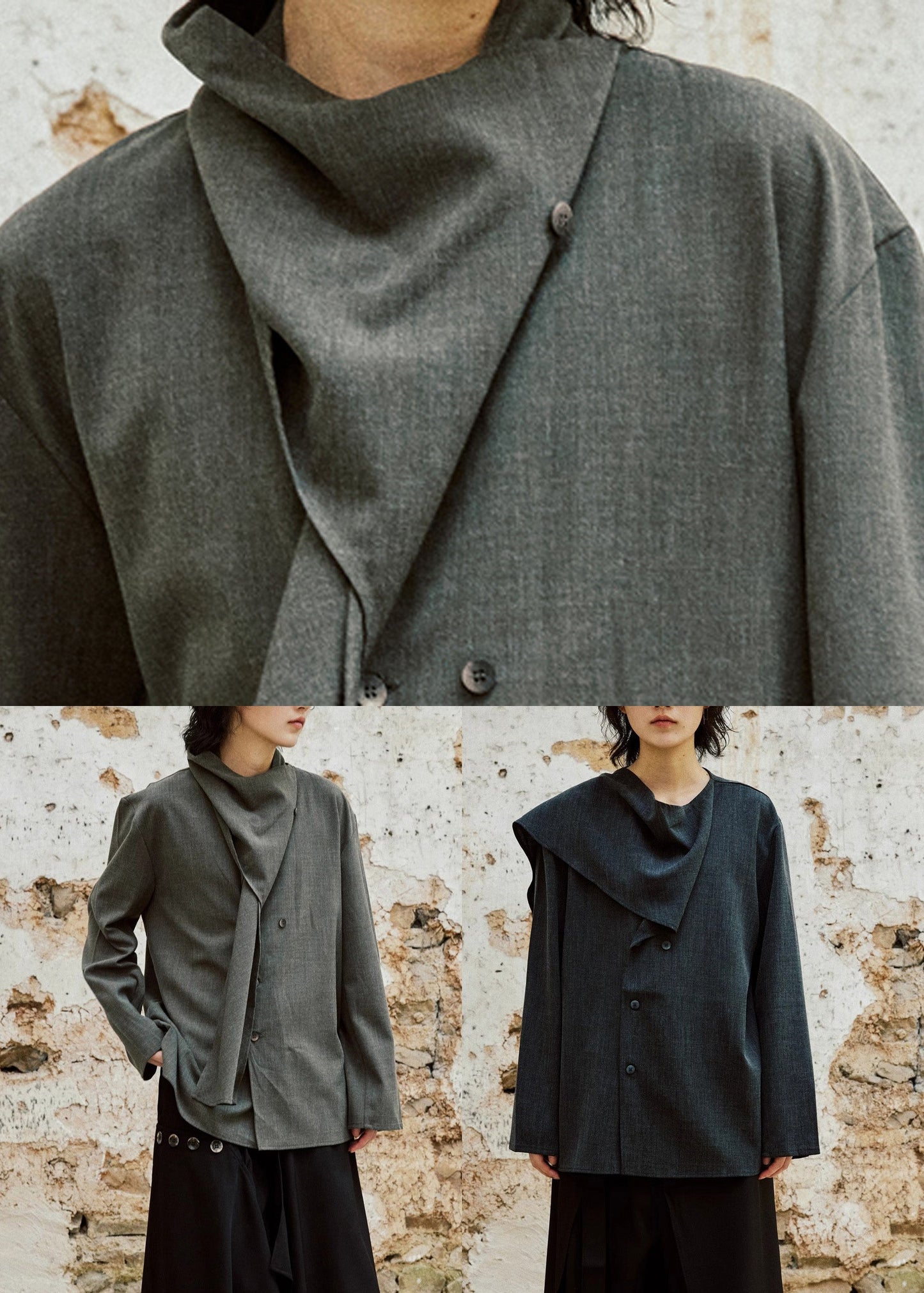 Chic Grey Bow Button Shirt Long Sleeve