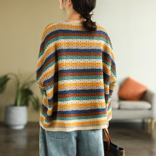 Women Autumn Color Matching Stripe Knitted Sweater