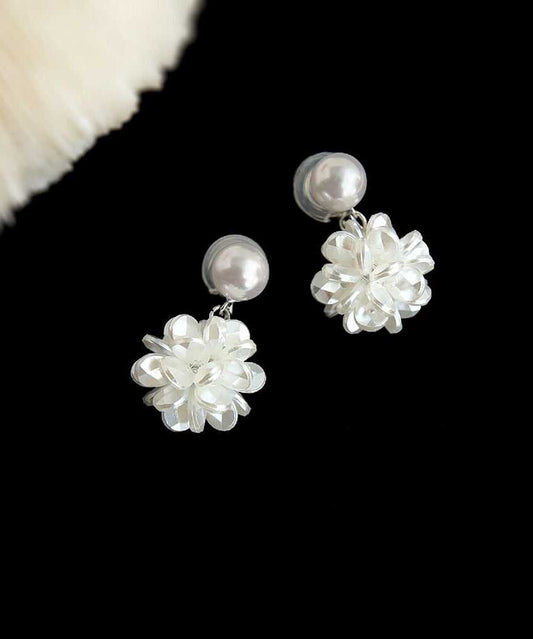 French White Sterling Silver Pearl Resin Floral Stud Earrings