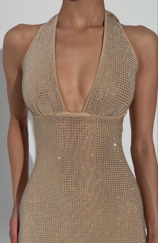 Sexy Halter Deep V-neck Slim-Fit Rhinestone Dress