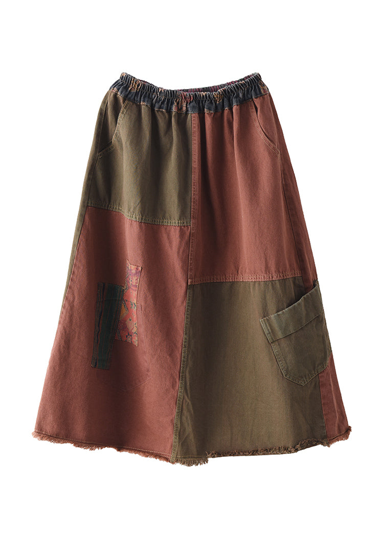Vintage Red Patchwork Elastic Waist Pockets Cotton Denim A Line Skirts Fall