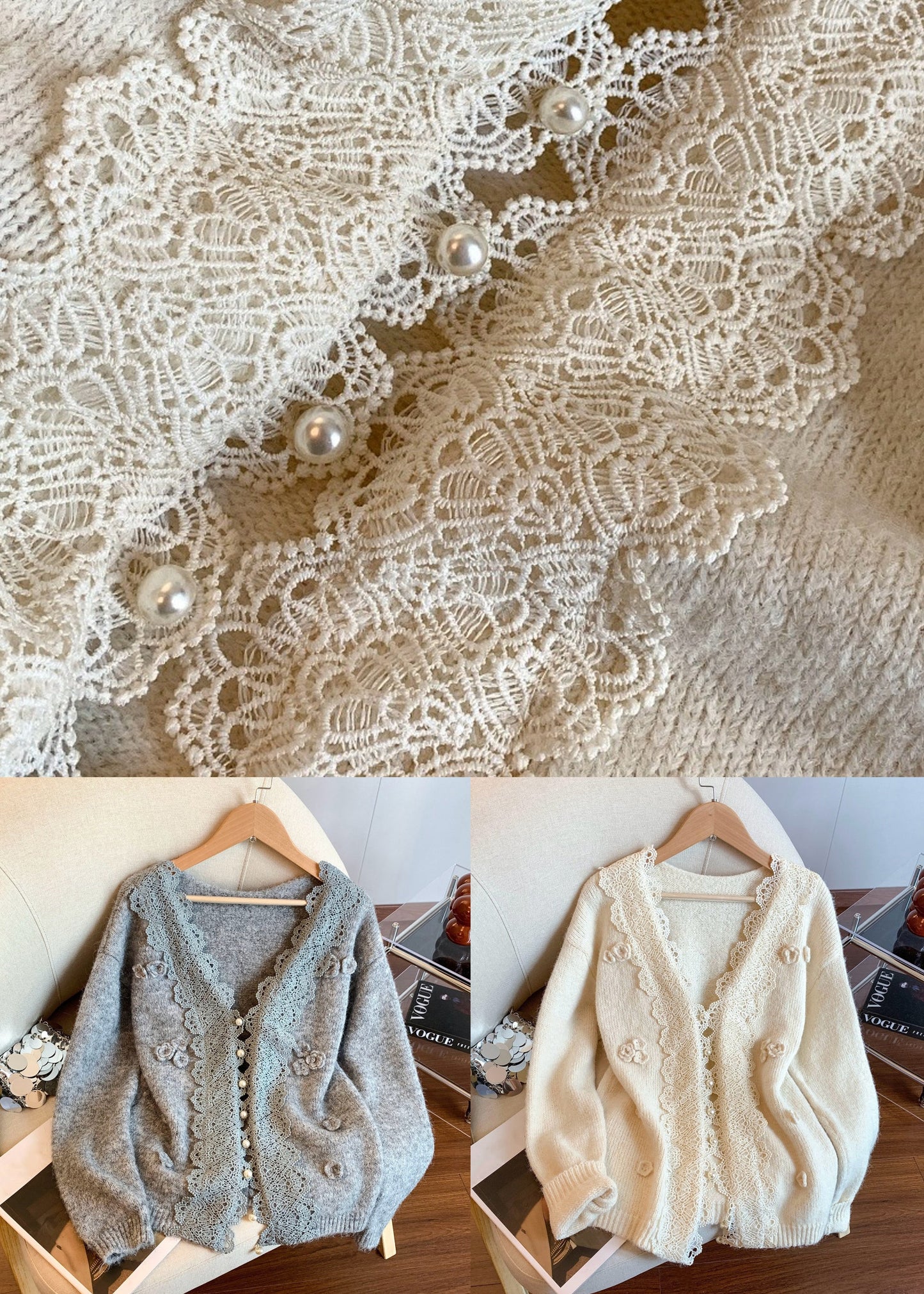 Apricot Floral Button Patchwork Knit Winter Coat V Neck