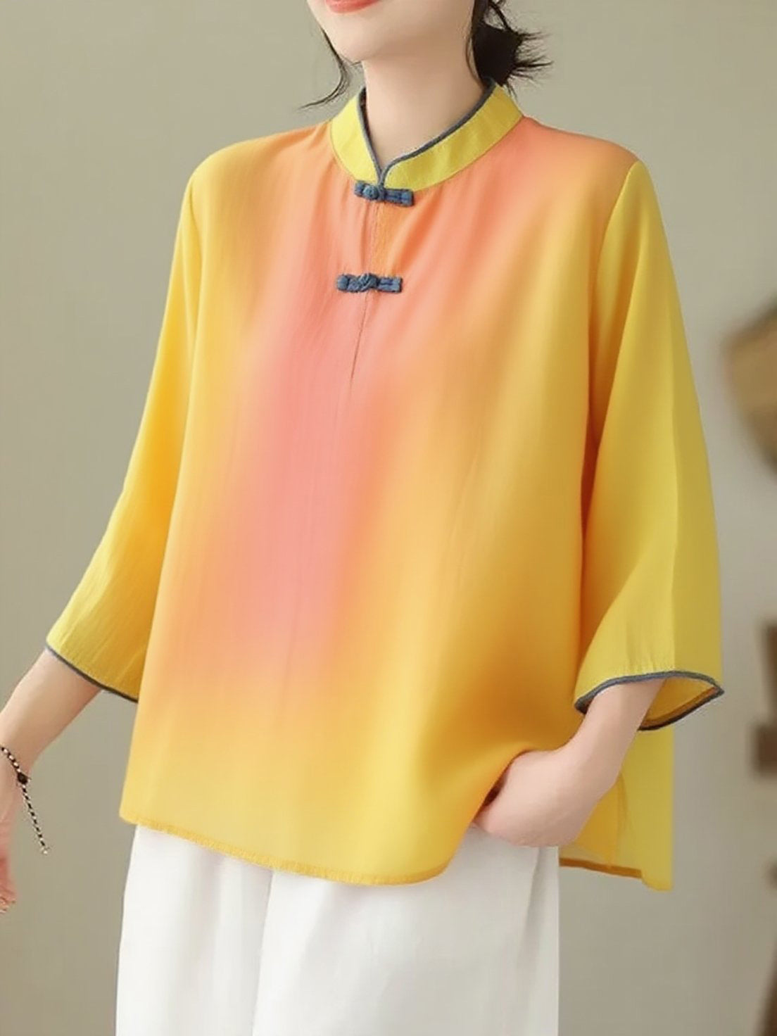 Loose Fruit green Stand Collar Embroideried Print Cotton Shirt Bracelet Sleeve