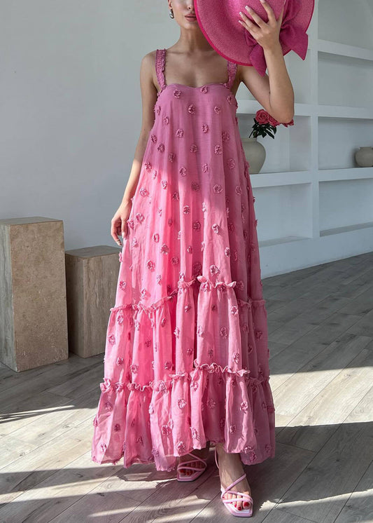 Boho Pink Ruffled Floral Cotton Spaghetti Strap Dress Sleeveless