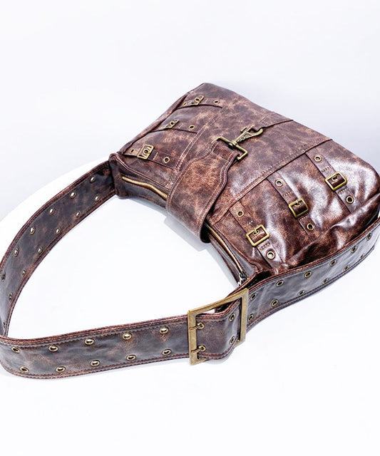 Stylish Brown Tie Dye Rivet Faux Leather Messenger Bag