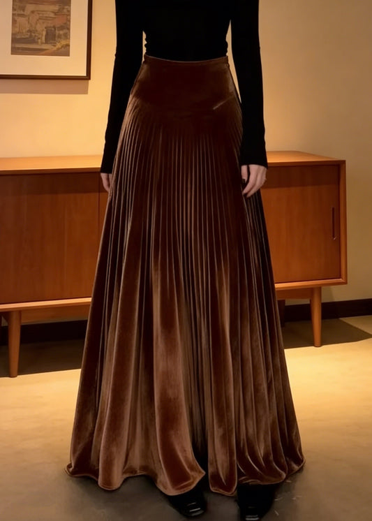 Elegant Coffee Elastic Waist Silk Velvet Maxi Skirts Spring