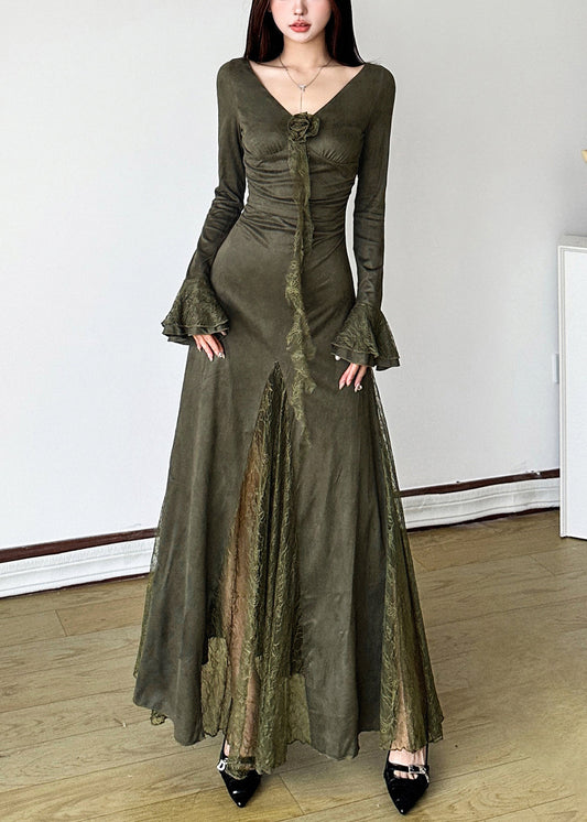 Elegant Blackish Green Patchwork Lace Long Dress Flare Sleeve