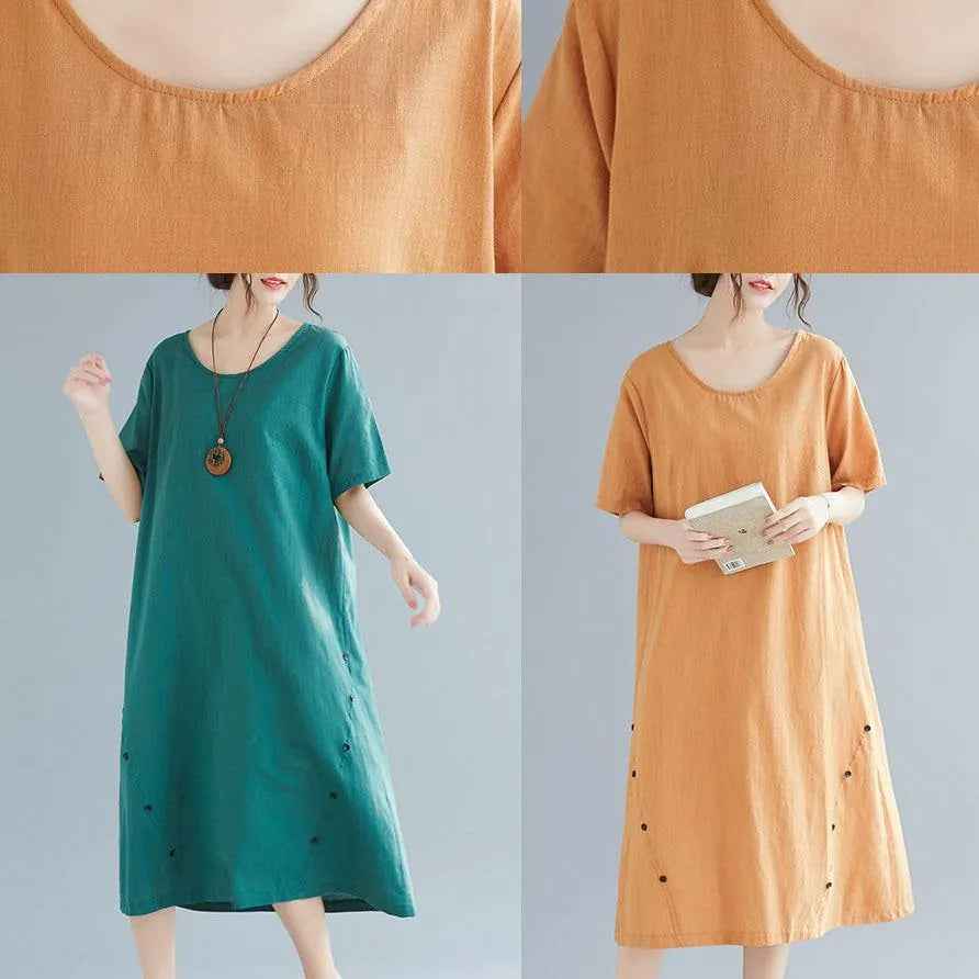 Elegant green Button decorated linen dresses wild summer Dresses
