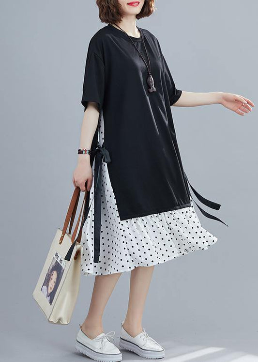 DIY o neck quilting dresses Sewing black patchwork dotted Dress