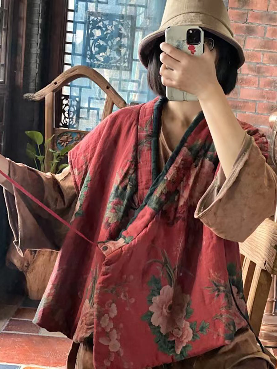 Women Floral Cotton Vintage Loose Waist Coat