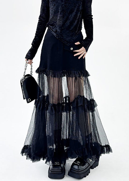 Original Design Black Ruffled Tulle Patchwork Denim Skirt Summer
