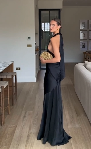 Black Satin Halter Cutout Backless Mermaid Evening Gown
