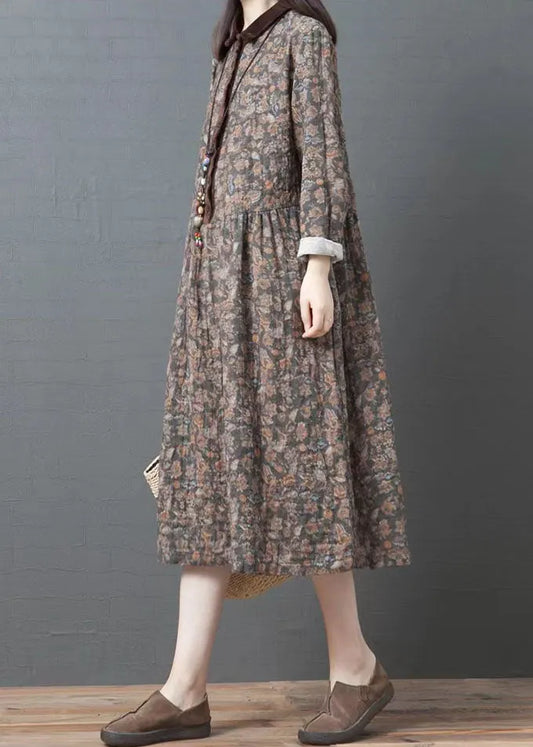 Organic lapel pockets cotton clothes Women Coffee print Art Dresses