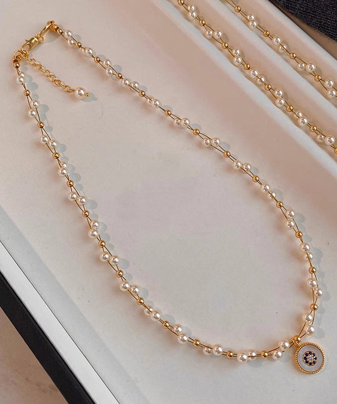 Elegant Pearl Double Layered Gilded Circle Pendant Necklace
