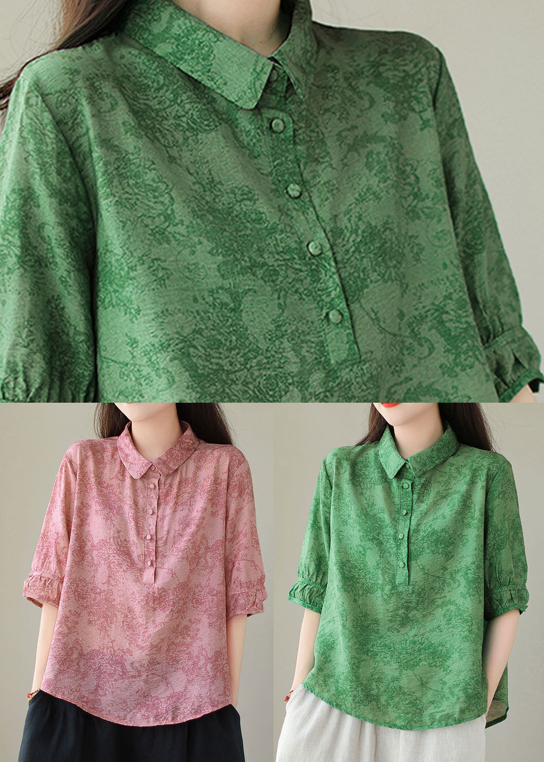 Green Print Cotton Shirts Peter Pan Collar Plus Size Summer