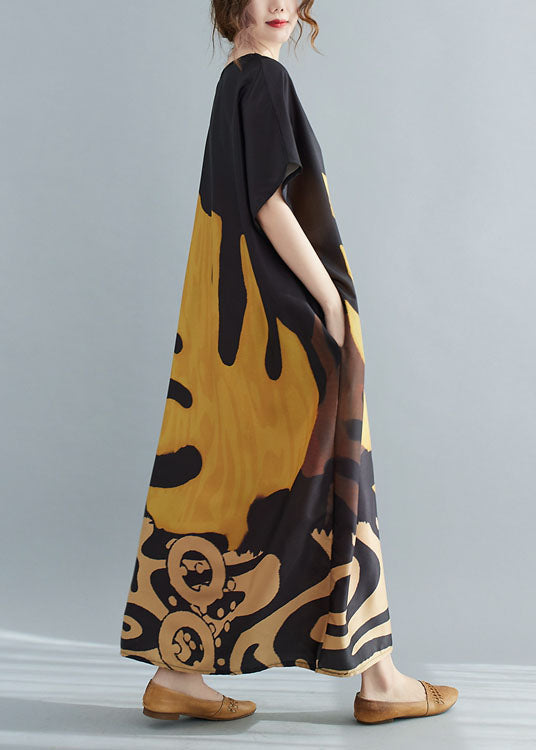 Plus size Loose Black V Neck Oversized Leaf Print Chiffon Long Dress Short Sleeve