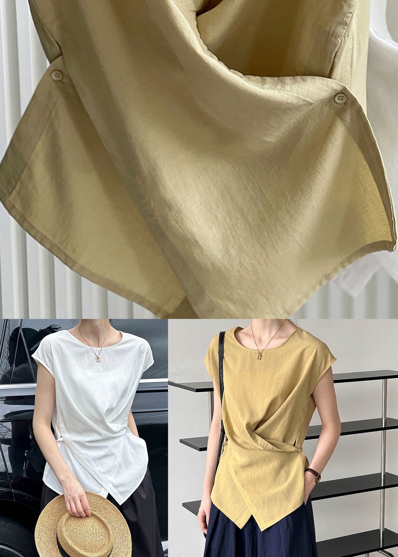 Fine Yellow Asymmetrical Solid Top Short Sleeve