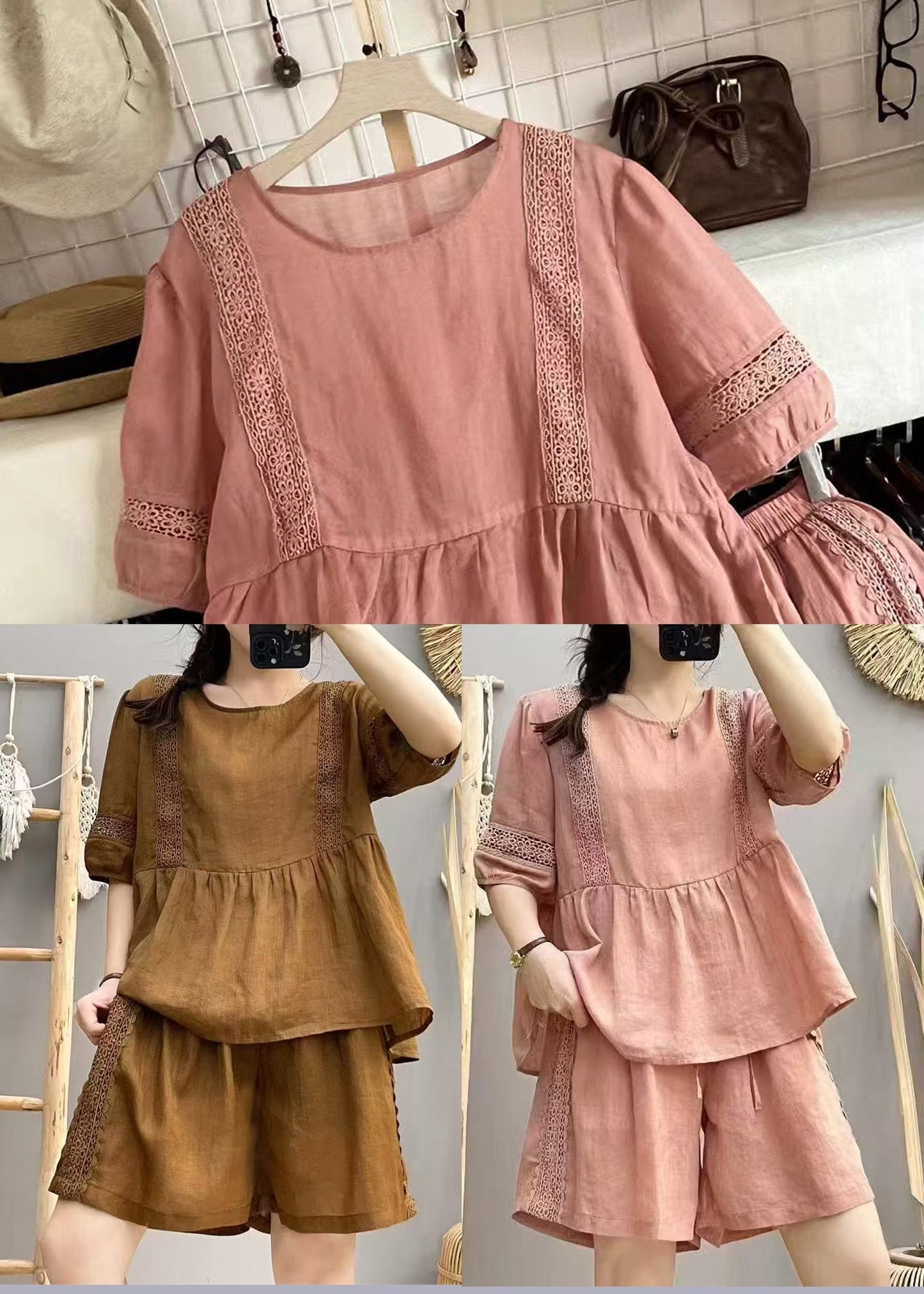 Style Pink Oversized Patchwork Linen Women Sets 2 Pieces Summer