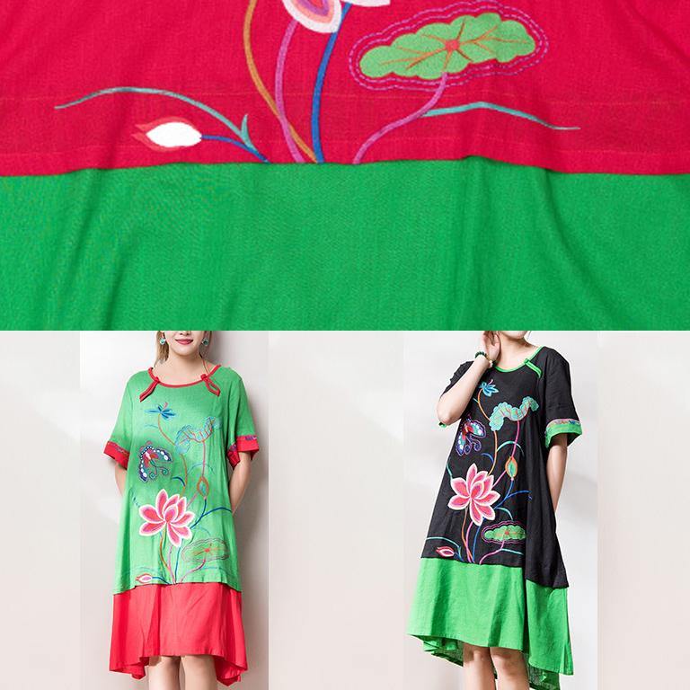 Chic black embroidery linen dresses o neck patchwork Dresses summer Dress