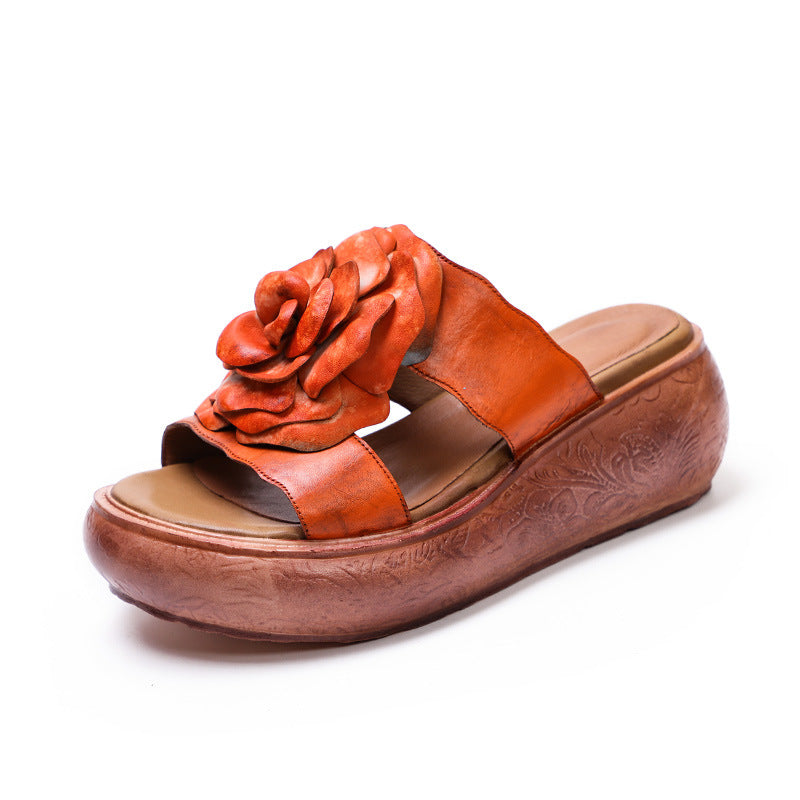 Women Summer Vintage Leather Floral Platform Slippers