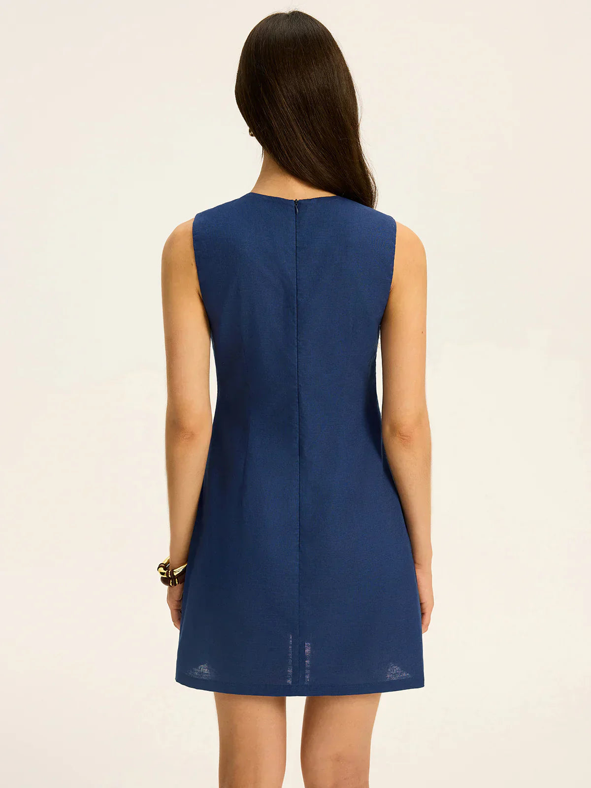 Linen & Cotton Cut-Out Contrast-Stitch Mini Dress