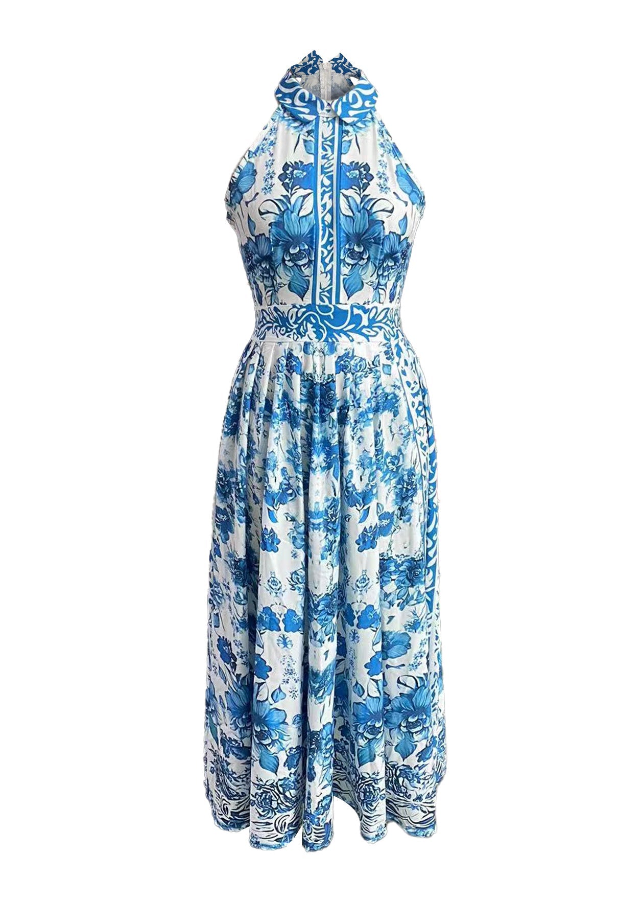 Boho Baby Blue Peter Pan Collar Print Maxi Dress Summer