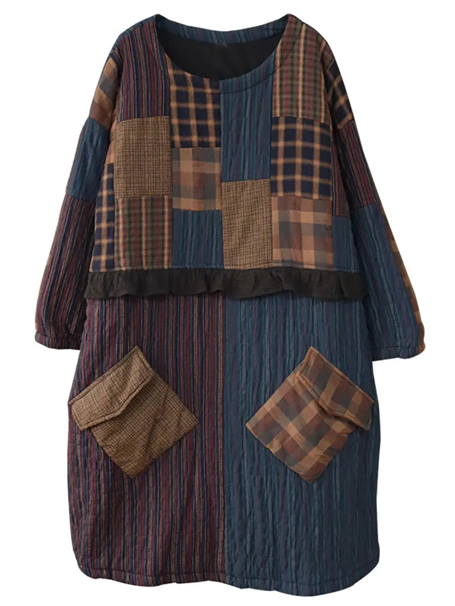 Women Thick Plaid Large Pocket Round Neck Padded Dress