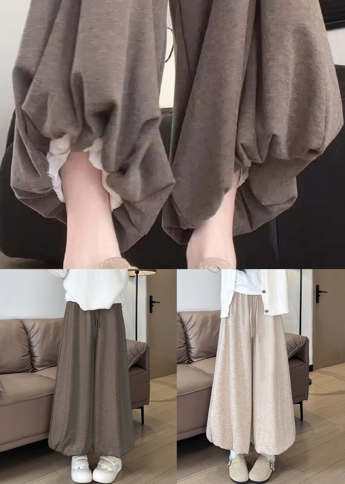 Oatmeal Elastic Waist Solid Cotton Wide Leg Pants Pockets