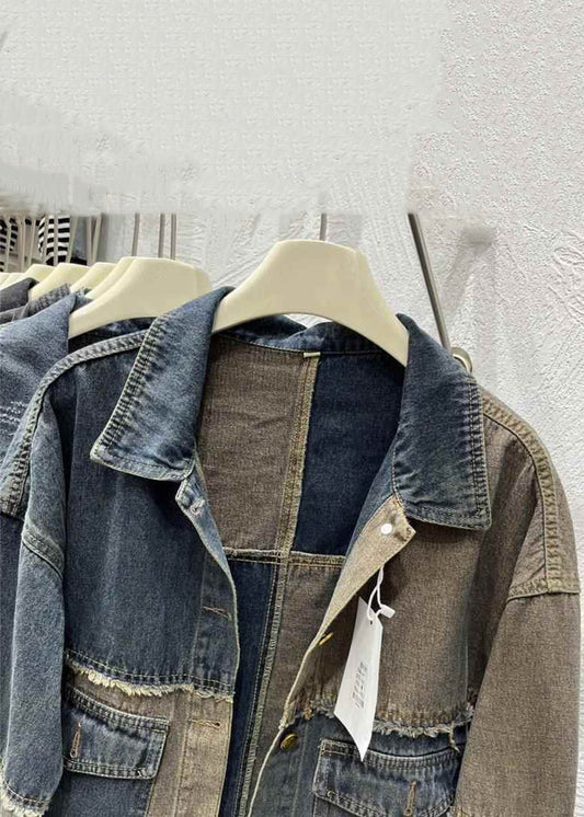 Vintage Colorblock Peter Pan Collar Button Pockets Denim Coats Fall