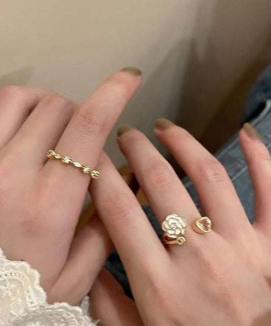 Camellia Heart Ring Womens Design Open Adjustable Finger Two-Piece Set