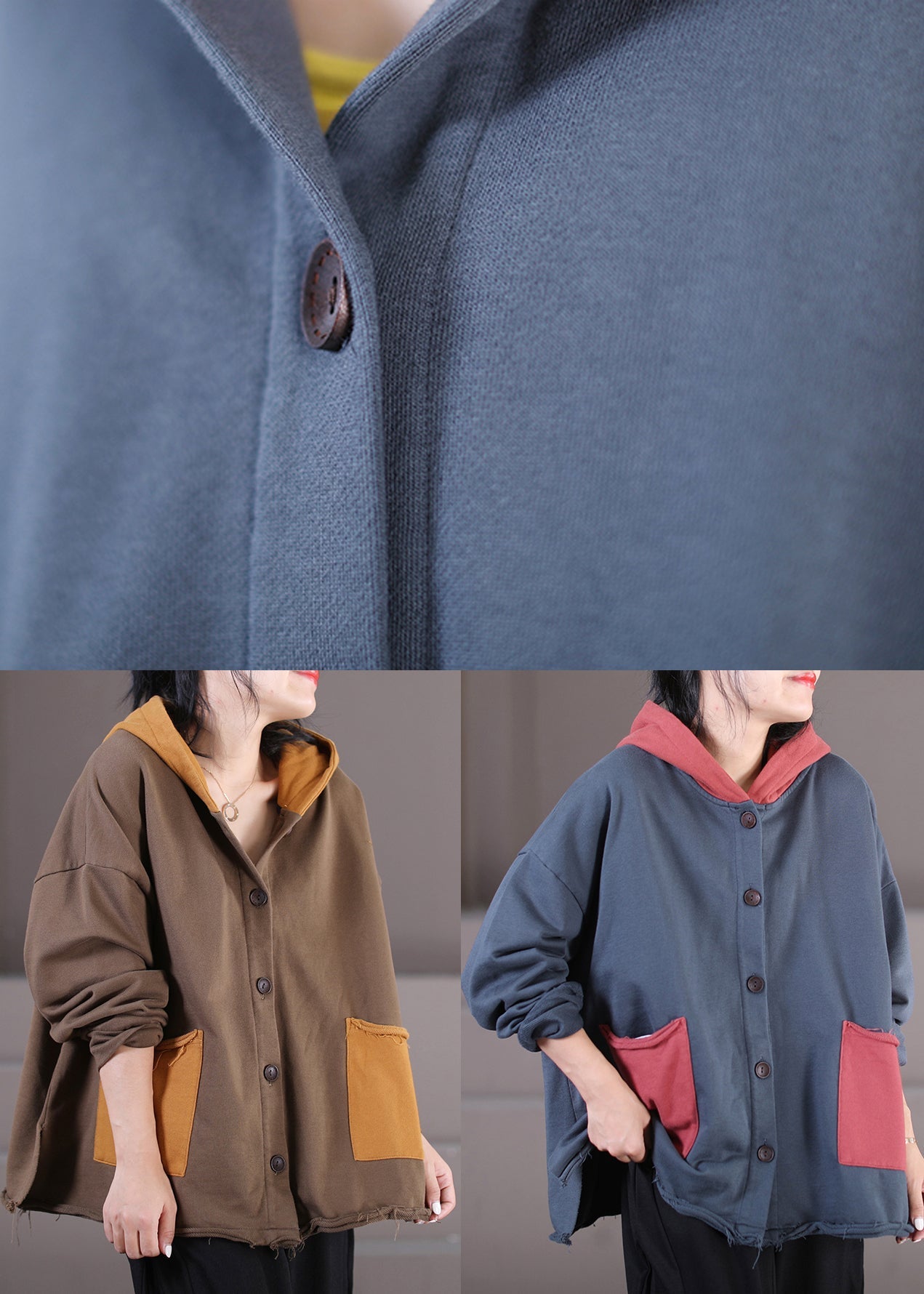 Retro Coffee Patchwork Cotton Hooded Coats Fall