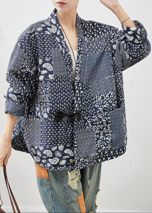 Vintage Navy Oversized Print Linen Coat Spring