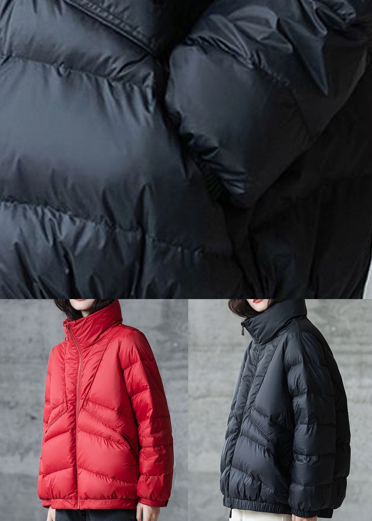 Red Loose cotton blend Puffers Jackets Stand Collar Zip Up Winter
