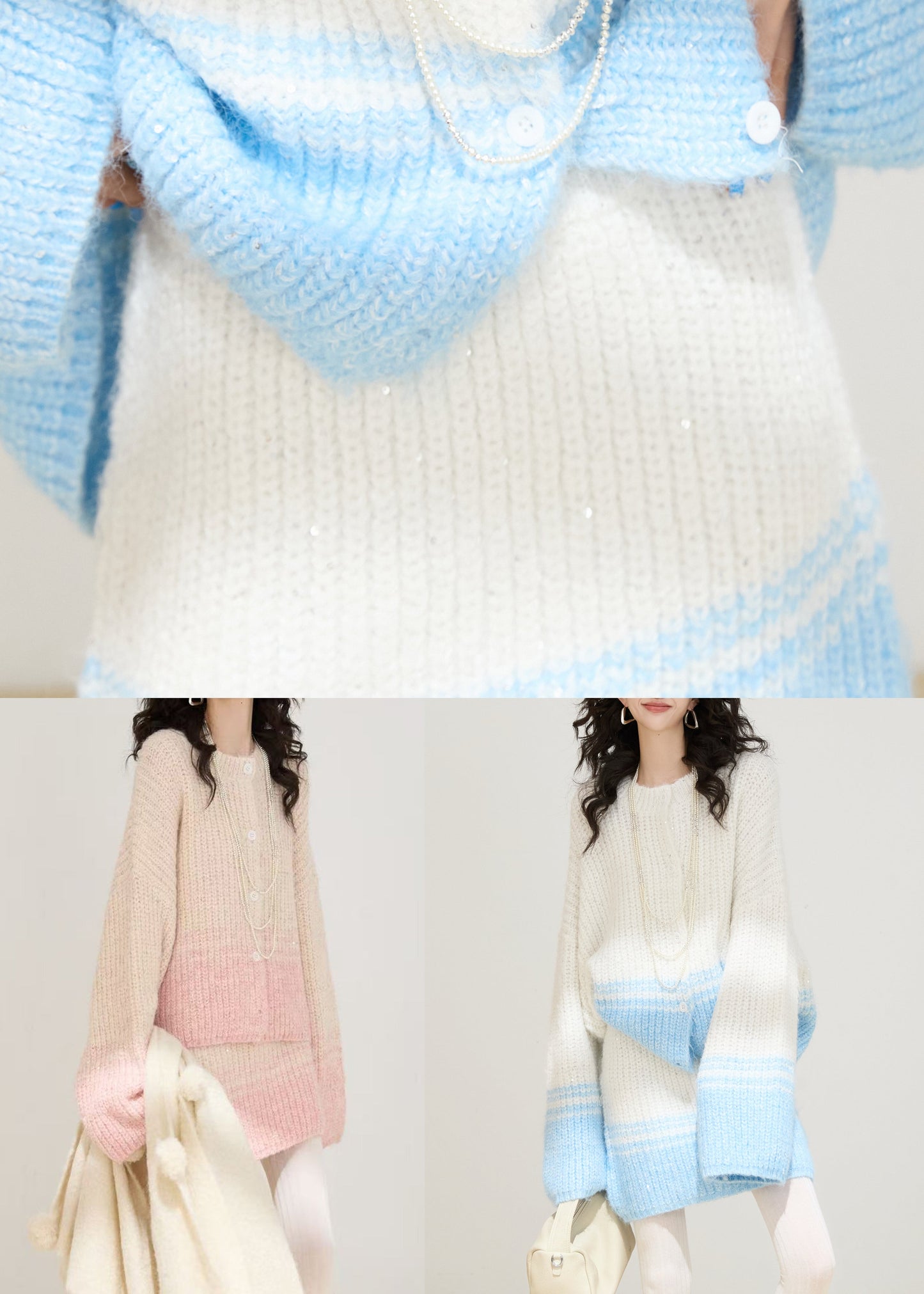 Chic Blue Sequins Patchwork Knit Two Pieces Set Winter