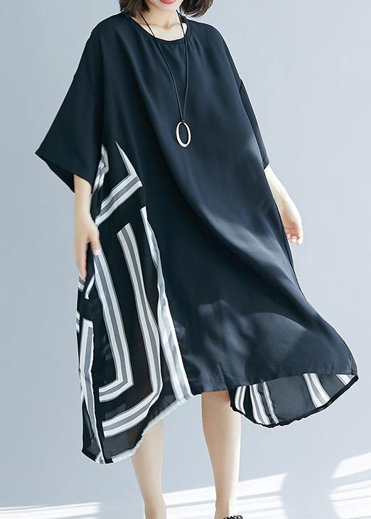 DIY o neck patchwork chiffon Long Shirts Fitted Life black striped Maxi Dresses Summer