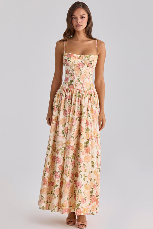 Cream Rose Print Corset Bustier Tiered Spaghetti Strap Maxi Dress