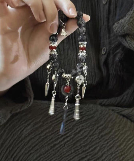 Boutique Black Sterling Silver Crystal Gem Stone Tassel Charm Bracelet