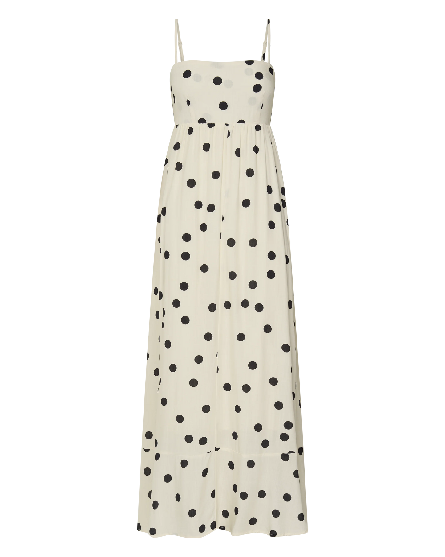Miriam Midi Linen Dress - Strappy Straight Neck A Line Dress in Beige & Black Spot