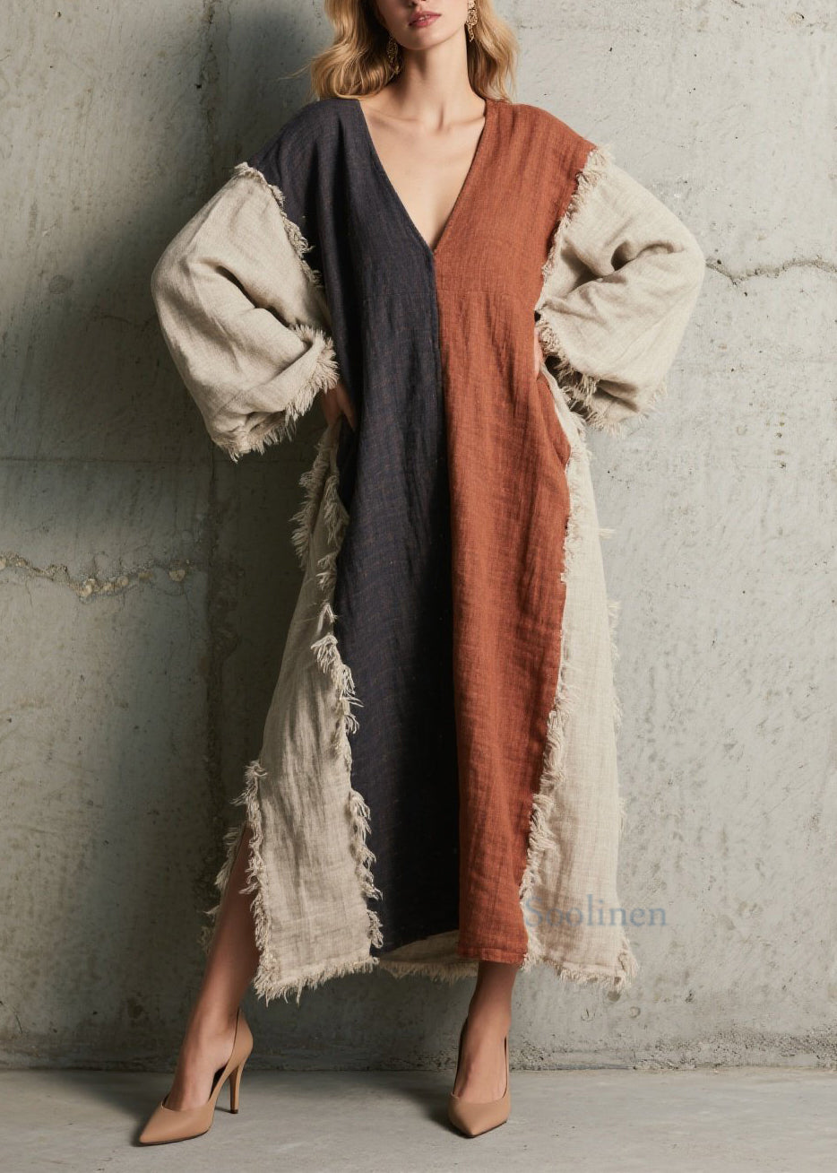 Plus Size Colorblock V Neck Tassel Patchwork Cotton Dress Fall