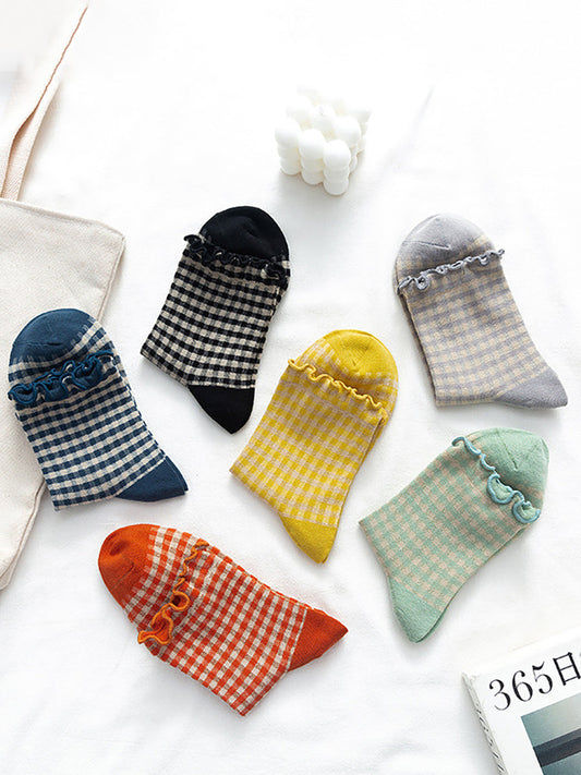 6 Pairs Plaid Women Retro Fashion Autumn Socks