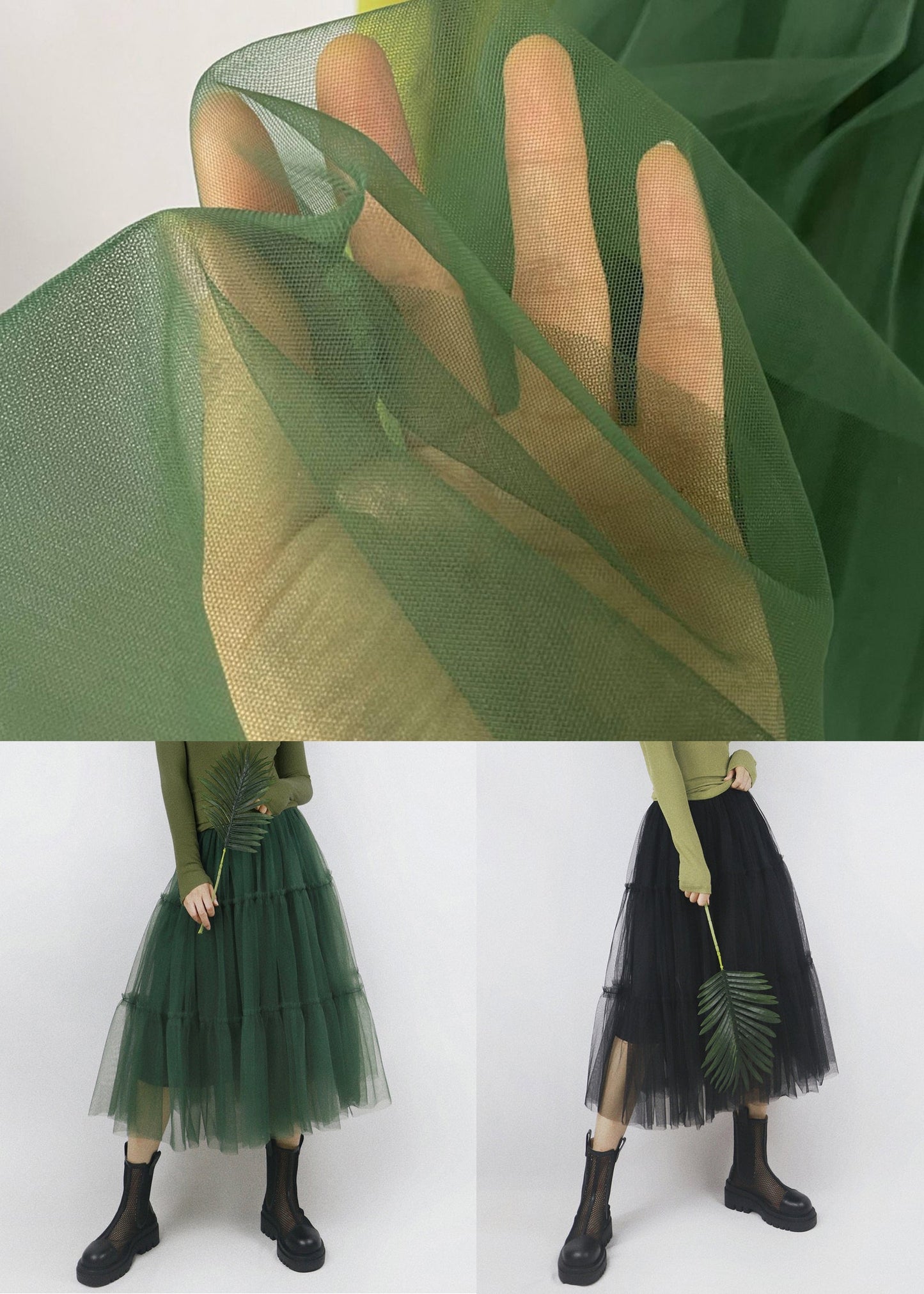 Black Elastic Waist Solid Patchwork Tulle Skirt Ruffled
